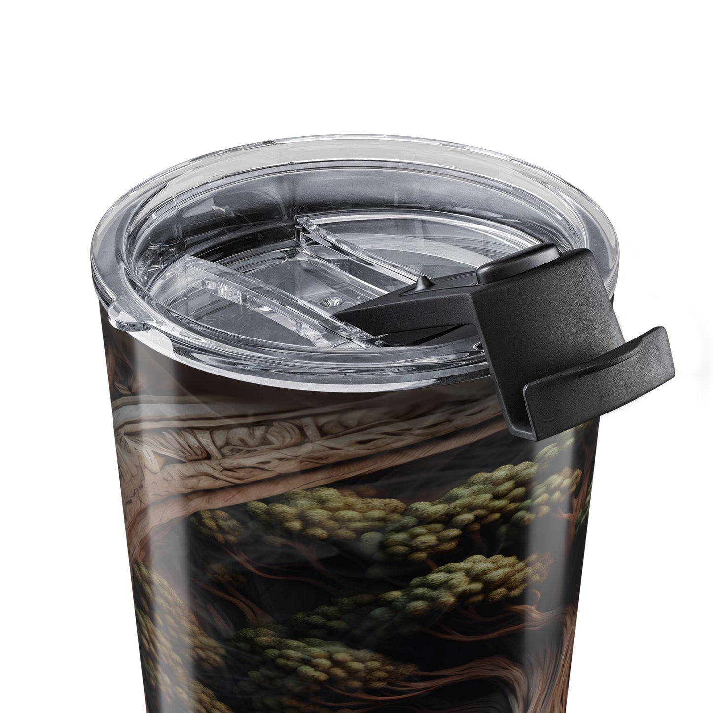 Tumbler with a clear lid and black grip on a white background
