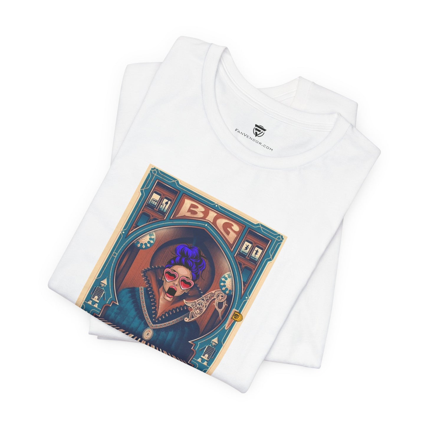 White t-shirt with a colorful graphic design on a white background