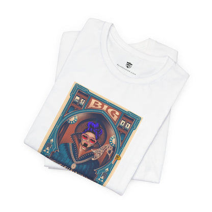 White t-shirt with a colorful graphic design on a white background