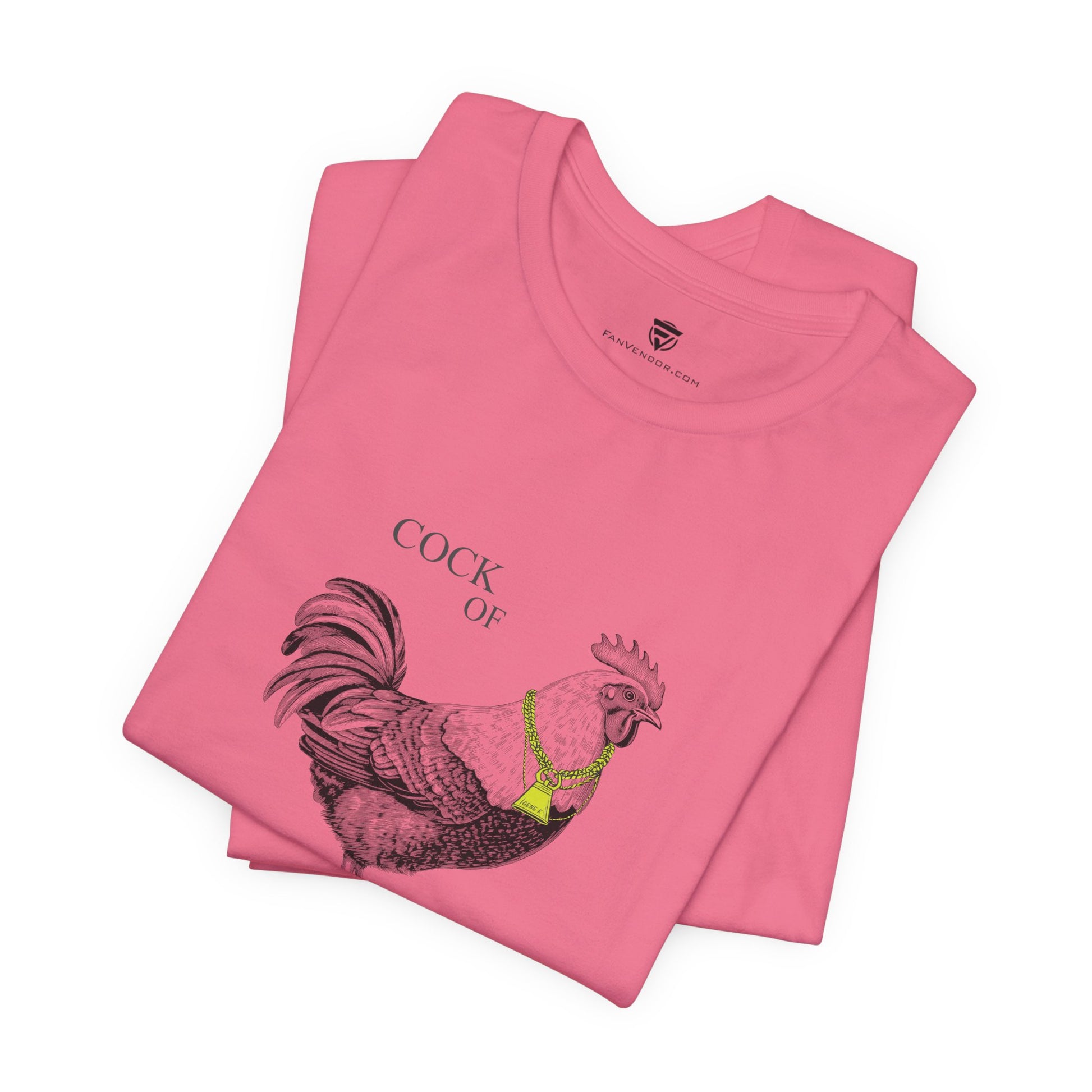 Pink t-shirt with a rooster graphic and text on a white background