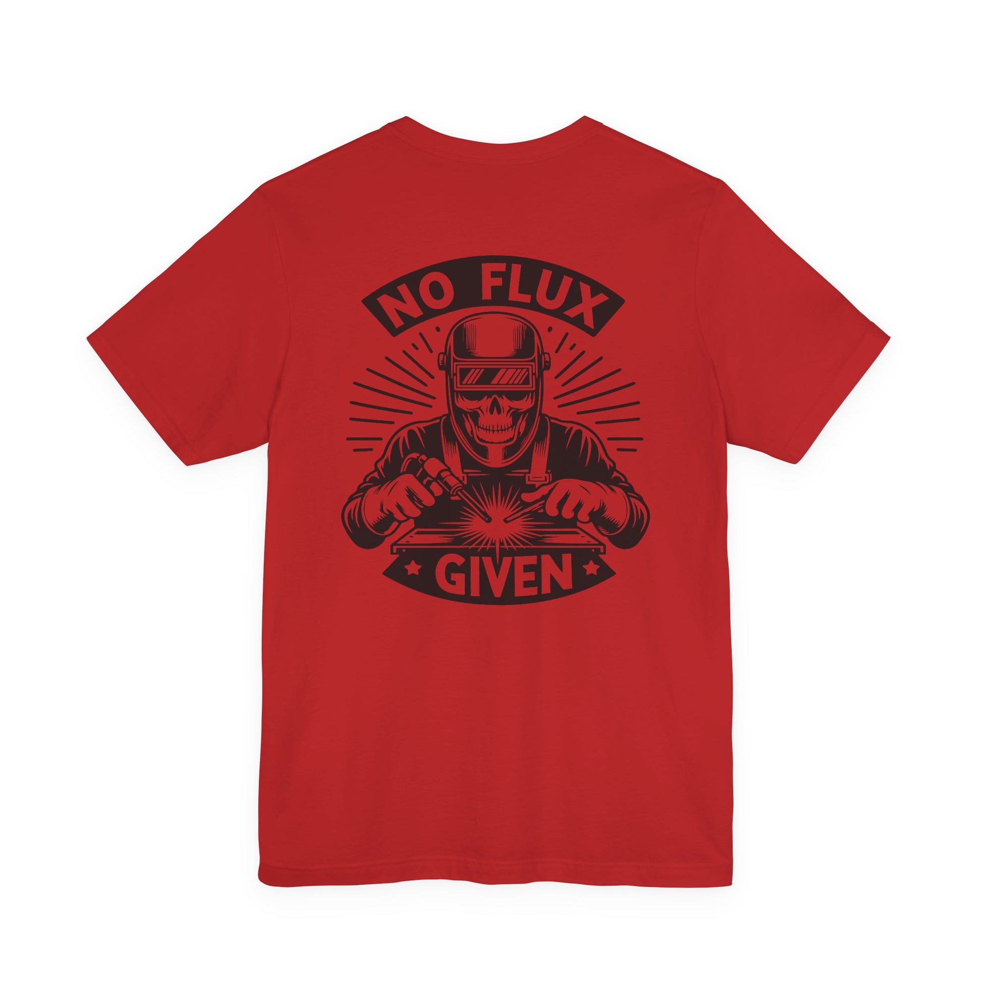 Red t-shirt with black graphic and text 'No Flux Given' on a white background