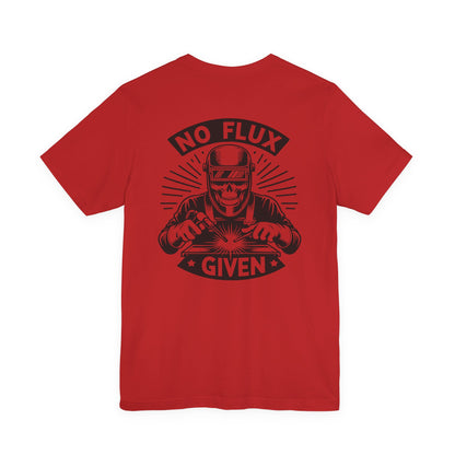 Red t-shirt with black graphic and text 'No Flux Given' on a white background