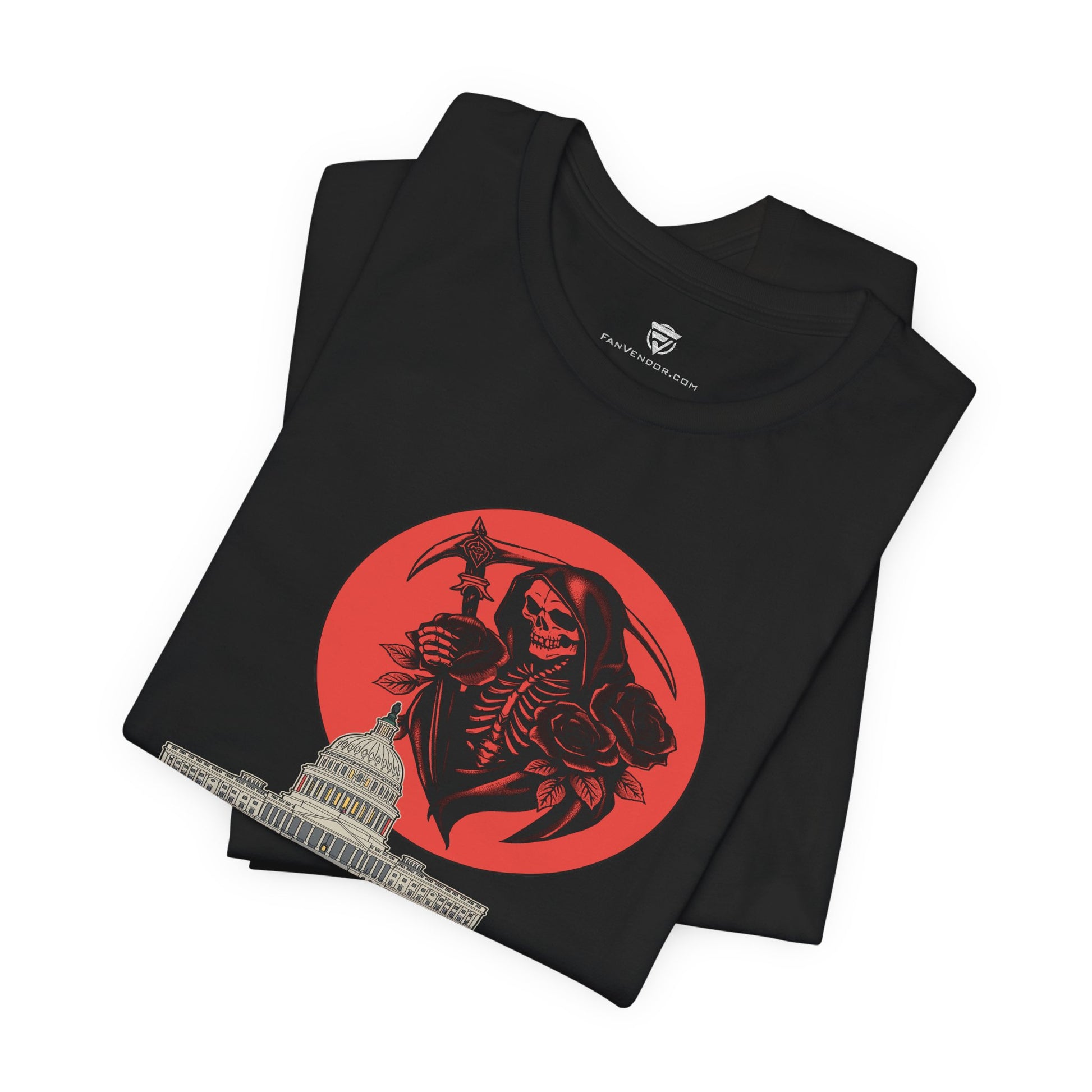Black t-shirt with red graphic of a skeleton holding a scythe on a white background