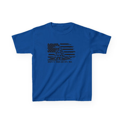 Blue t-shirt with black graphic and text on a white background
