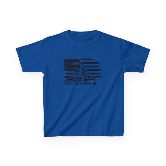 Blue t-shirt with black graphic and text on a white background
