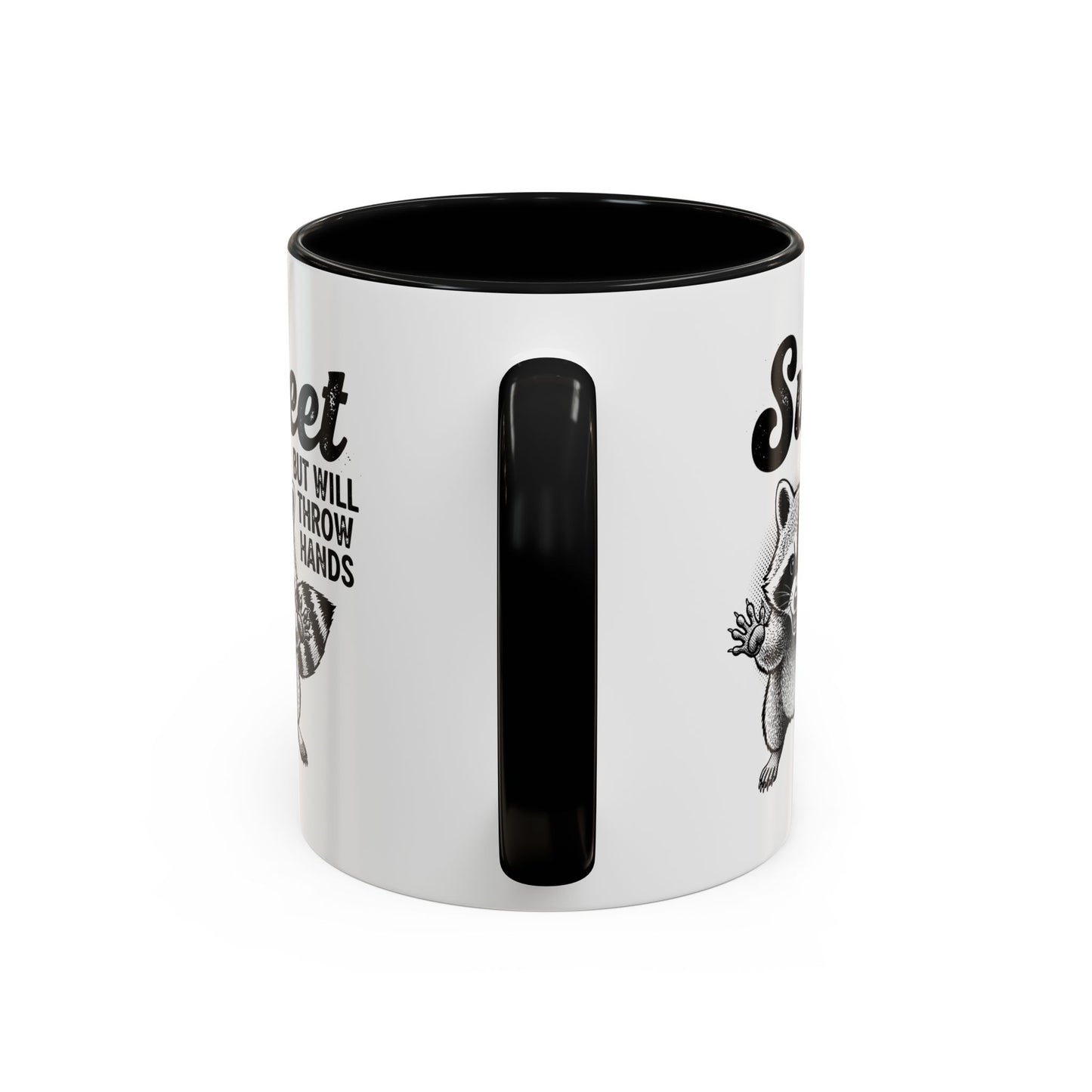 White mug with black interior and handle, featuring black text and graphics on a white background