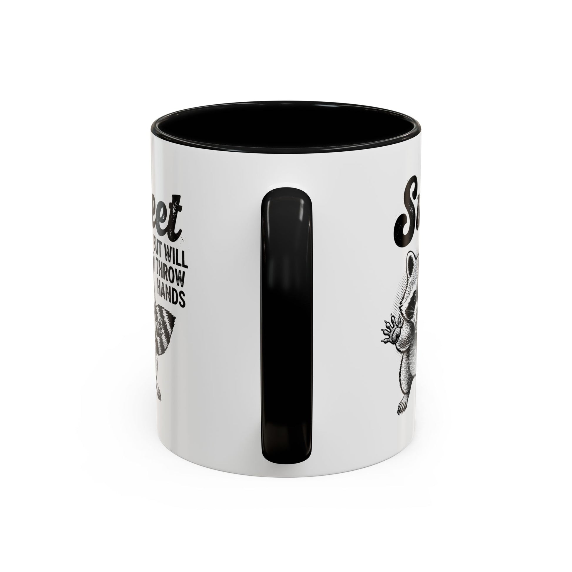 White mug with black interior and handle, featuring black text and graphics on a white background
