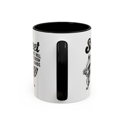 White mug with black interior and handle, featuring black text and graphics on a white background