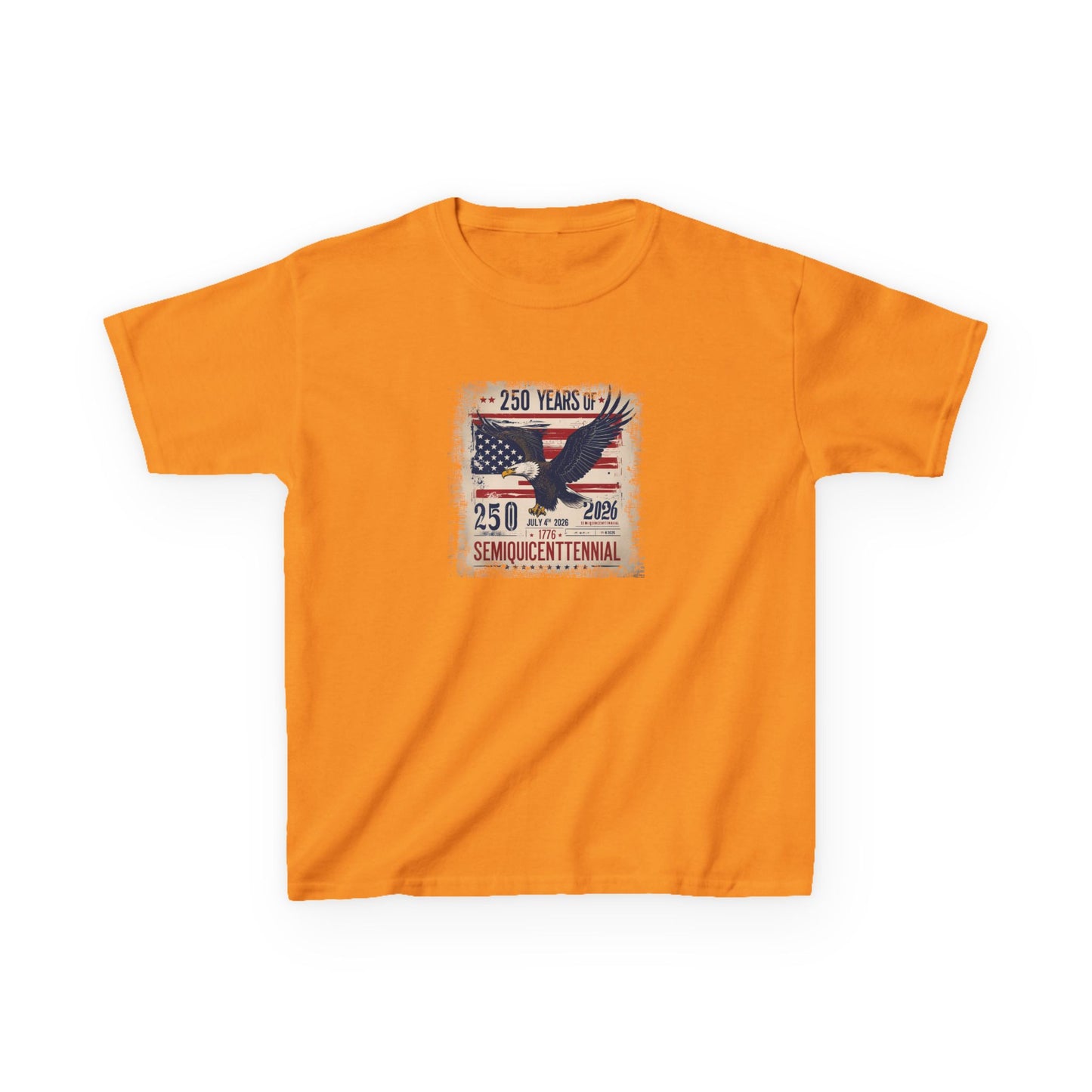 Orange t-shirt with a graphic design featuring an eagle and American flag on a white background