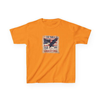 Orange t-shirt with a graphic design featuring an eagle and American flag on a white background