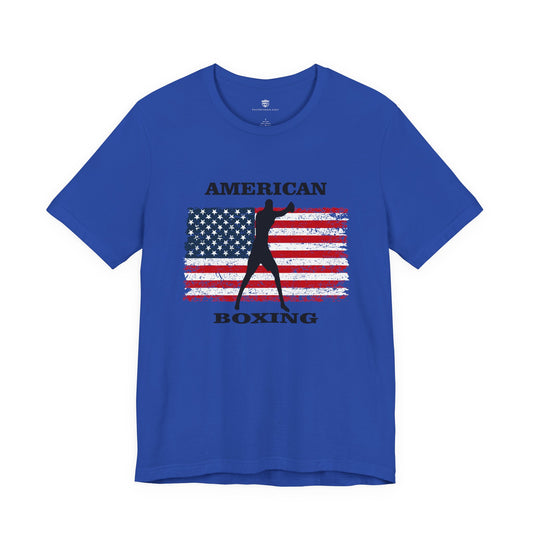 Blue t-shirt with American flag and boxing graphic on a white background