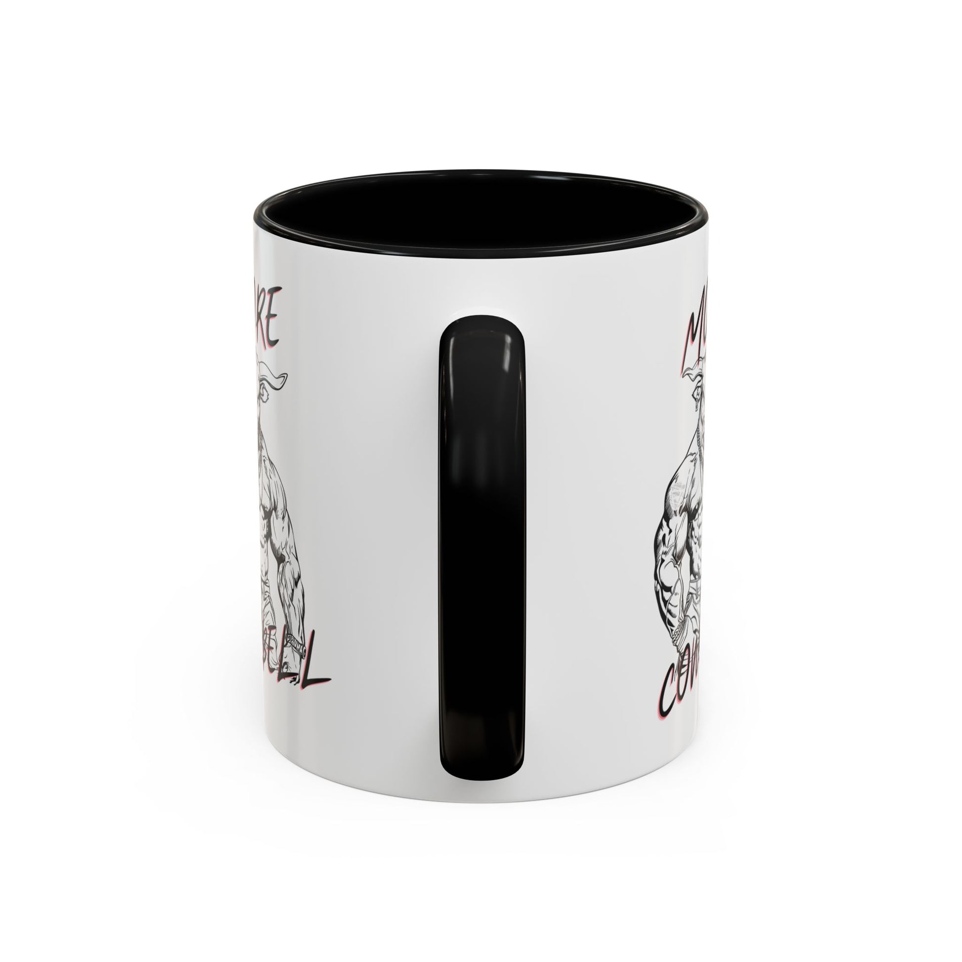 White mug with black interior and handle, featuring black and white illustrations on a white background