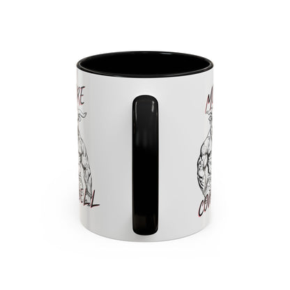 White mug with black interior and handle, featuring black and white illustrations on a white background