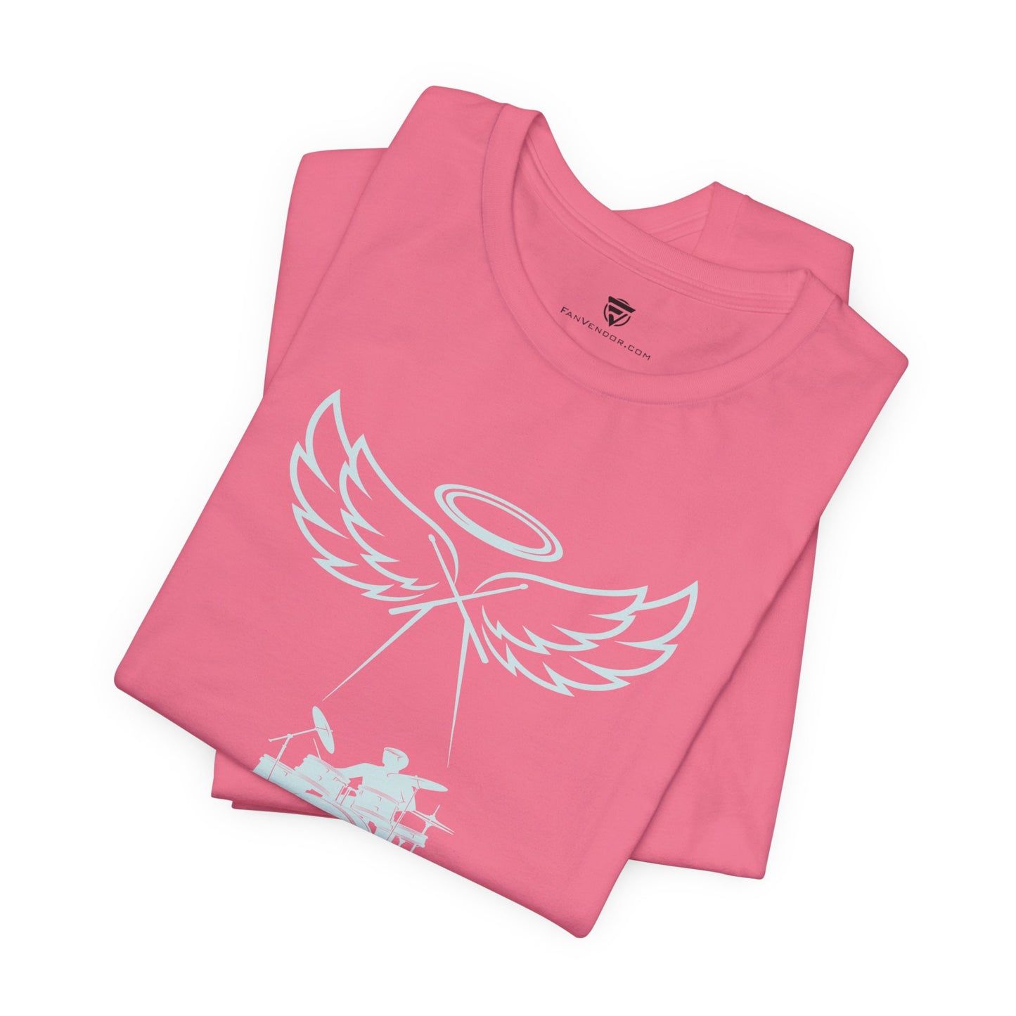 Pink t-shirt with angel wings and halo design on a white background