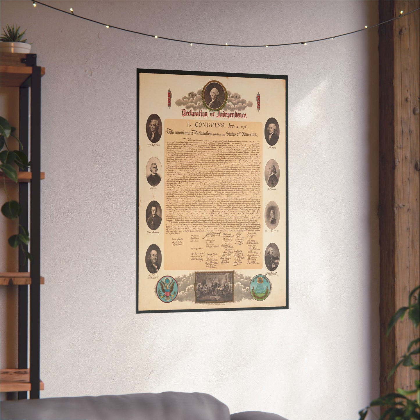 Poster of the Declaration of Independence on a wall with decorative lights and plants.