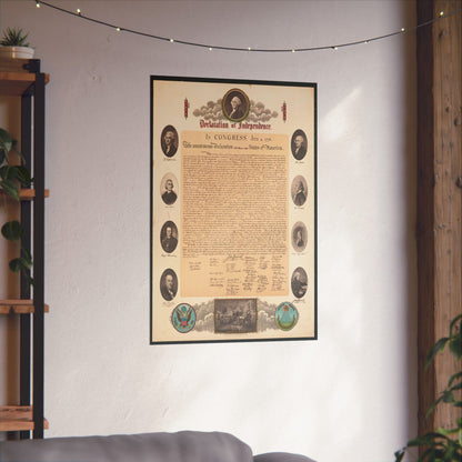 Poster of the Declaration of Independence on a wall with decorative lights and plants.