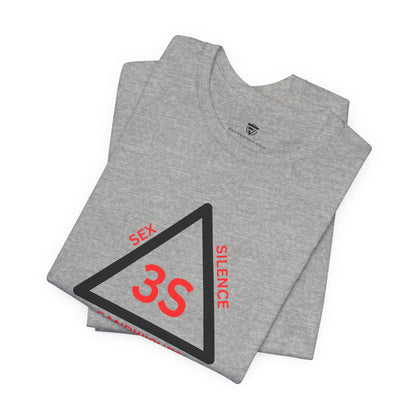 Gray t-shirt with a red and black triangle design on a white background