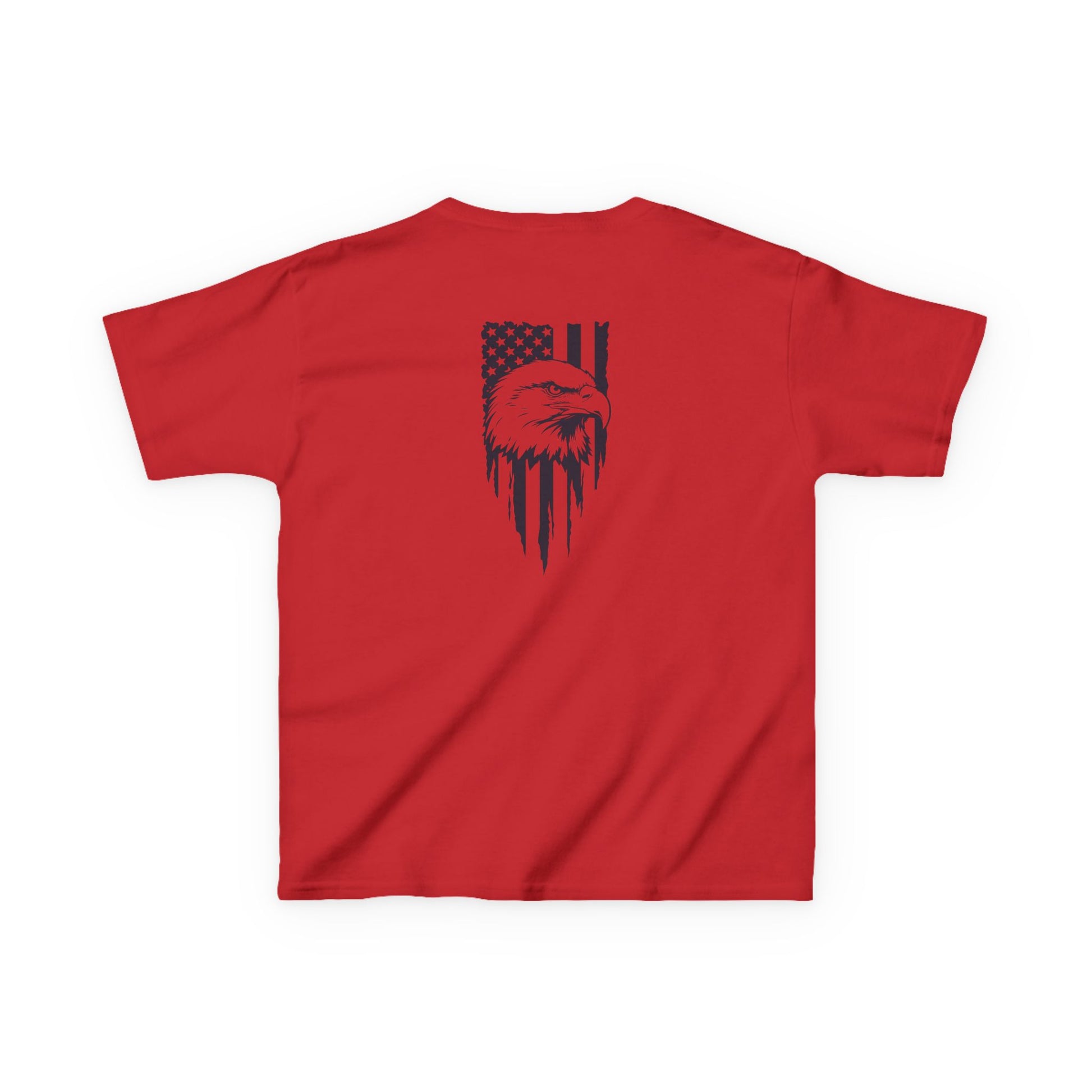 Red t-shirt with black eagle and flag design on a white background