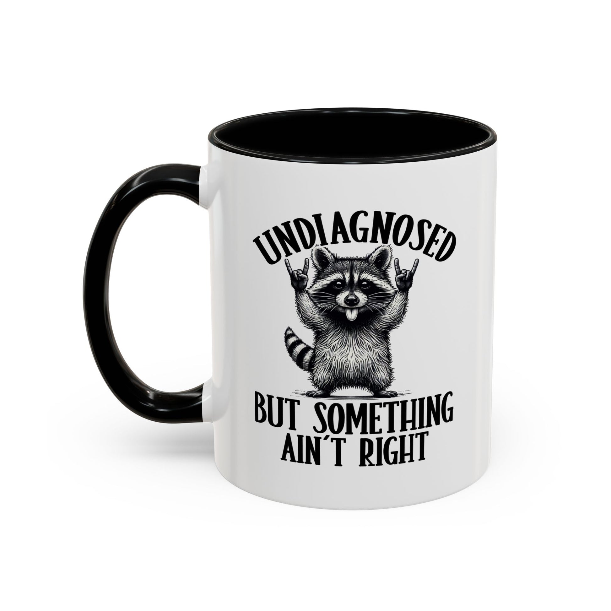 Mug with a raccoon graphic and text on a white background