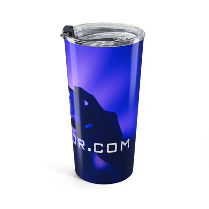 Blue tumbler with a wolf design and text on a white background
