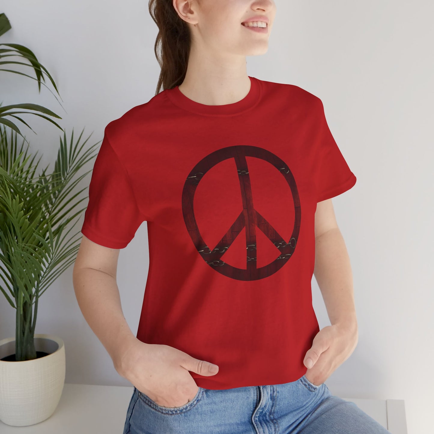 Unisex T-Shirt Chest Wood Peace Sign Red