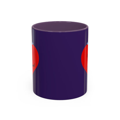 Plum Crazy mug with red circular designs on a white background