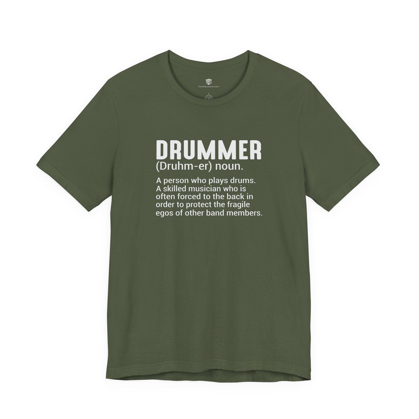 Green t-shirt with white text definition of a drummer on a white background