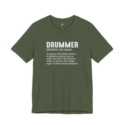 Green t-shirt with white text definition of a drummer on a white background
