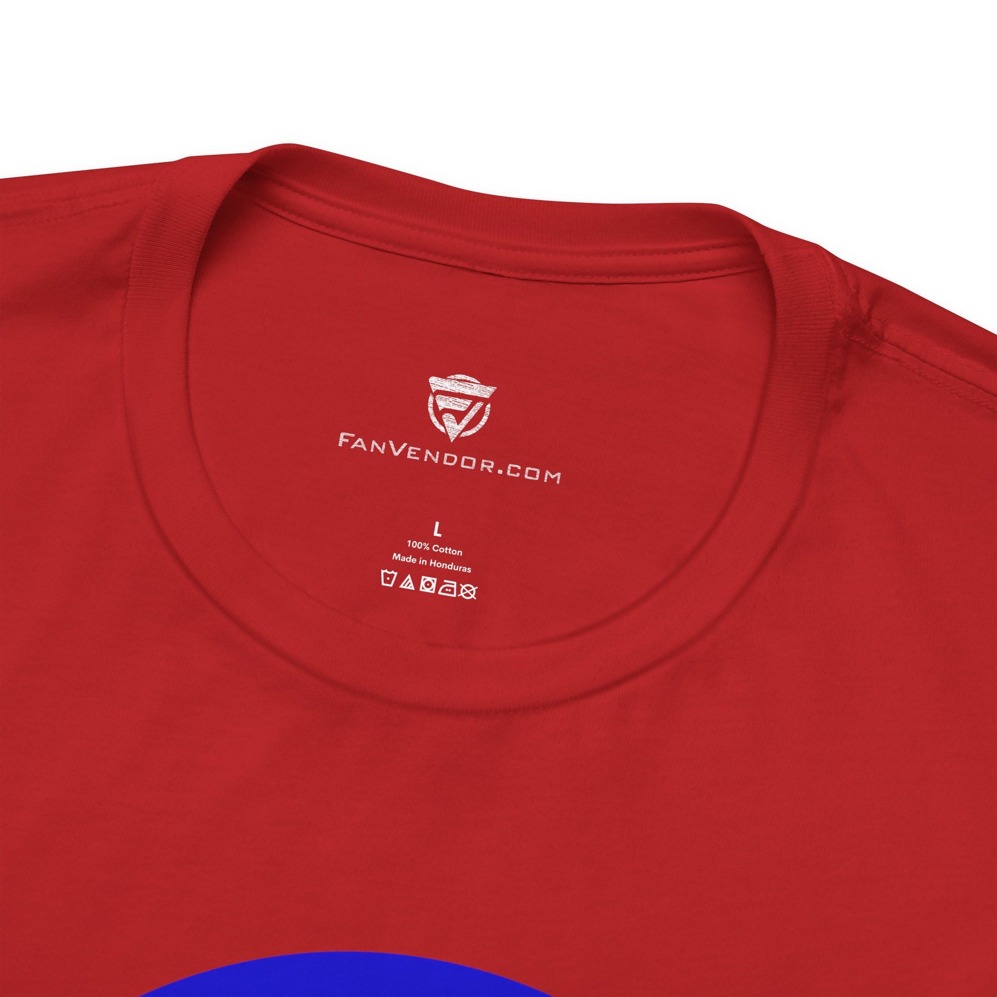 Red t-shirt with 'Fanvendor.com' logo and text on a white background