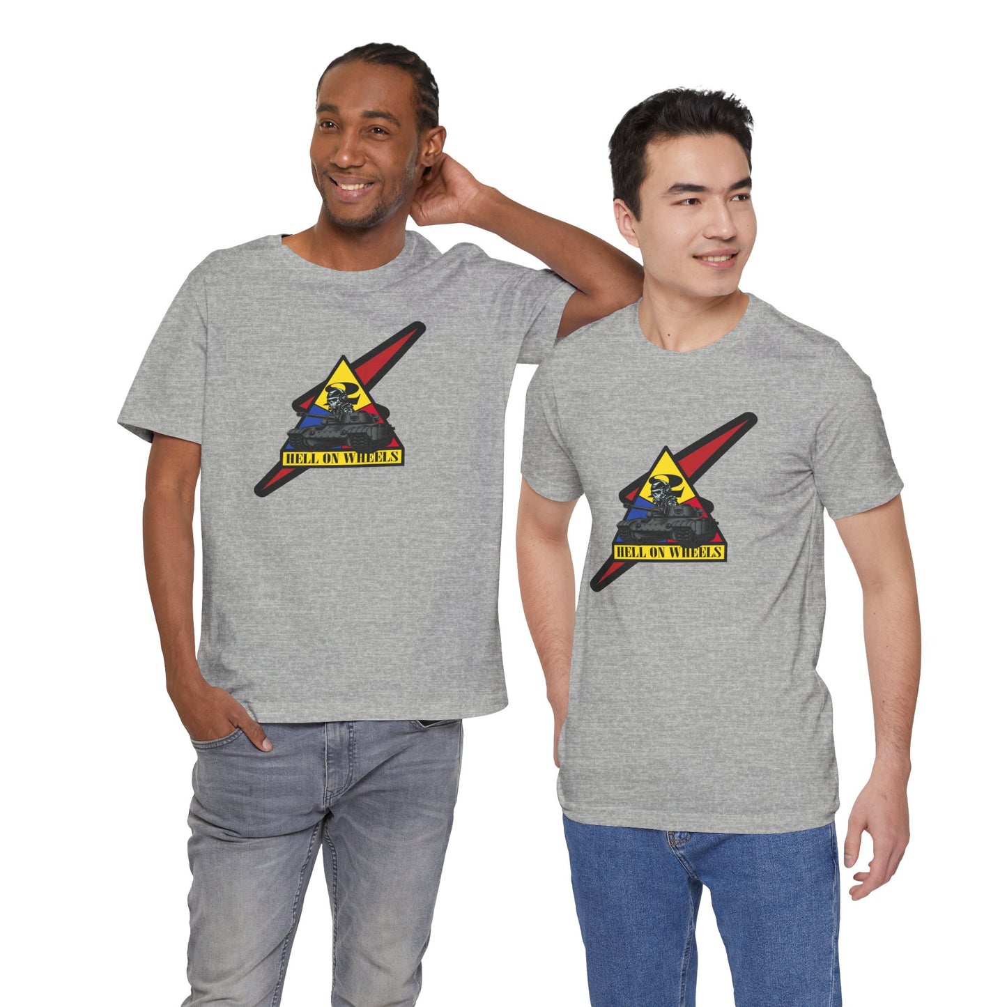 Two men wearing gray t-shirts with a colorful graphic design on a white background