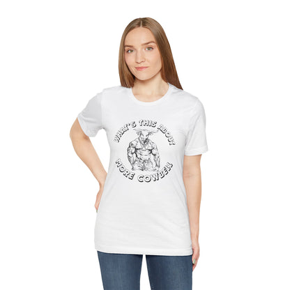 Woman wearing a white t-shirt with text on a white background