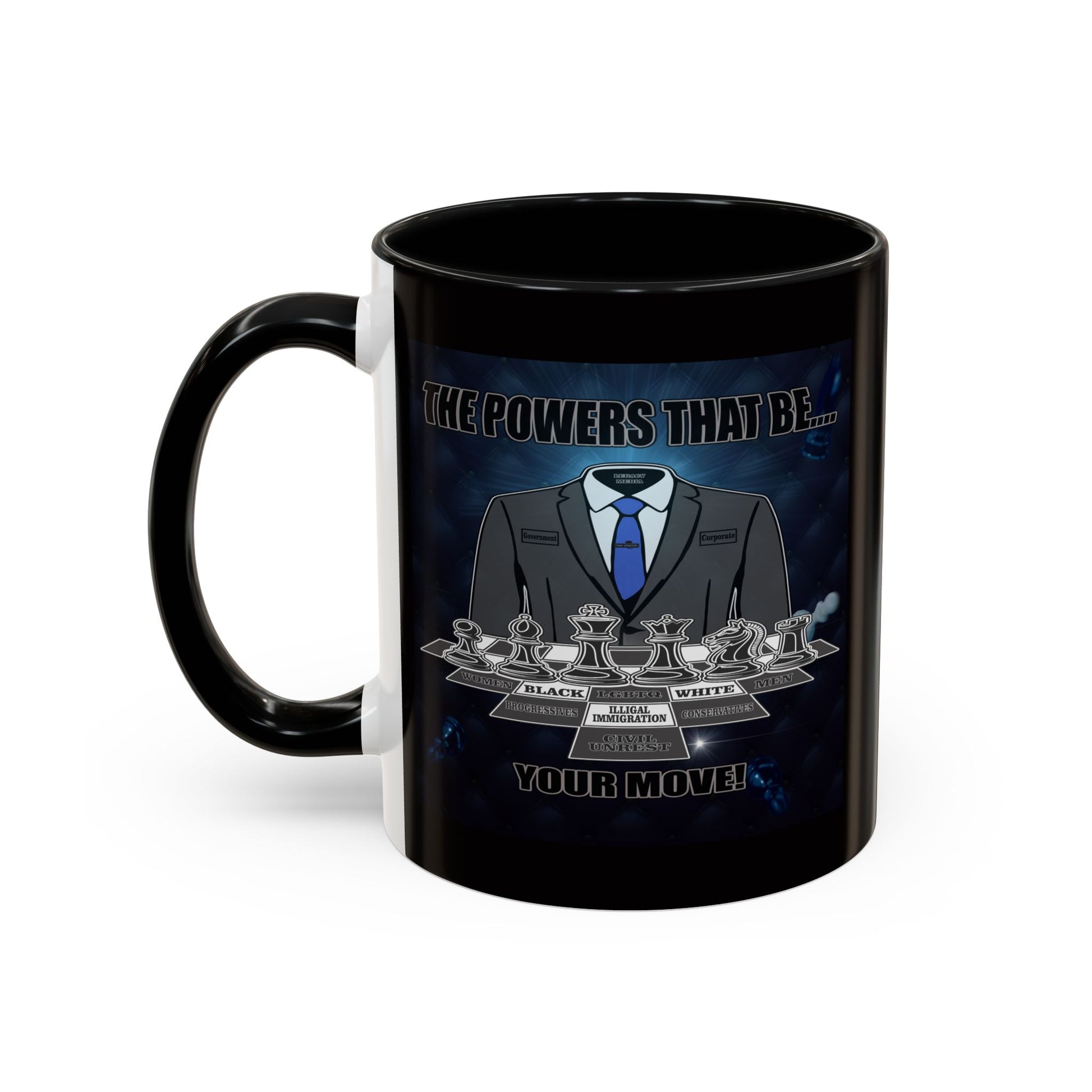 A black ceramic mug with a white side accent and a printed graphic of a suited figure on a dark blue background, with the text.
