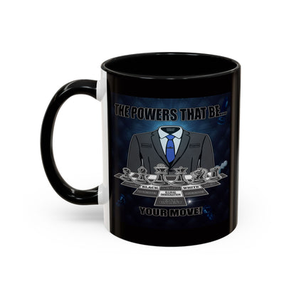 A black ceramic mug with a white side accent and a printed graphic of a suited figure on a dark blue background, with the text.