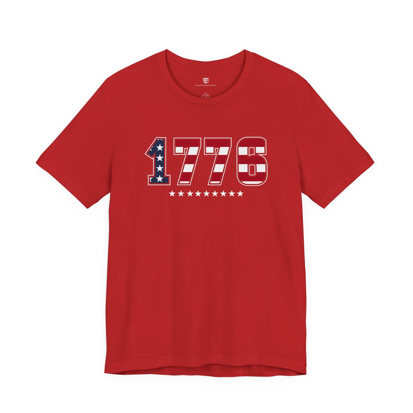 Red t-shirt with '1776' printed on it against a white background