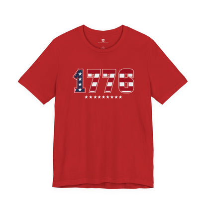 Red t-shirt with '1776' printed on it against a white background