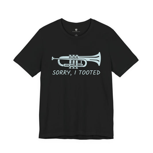 Black t-shirt with a white trumpet graphic and text on a white background