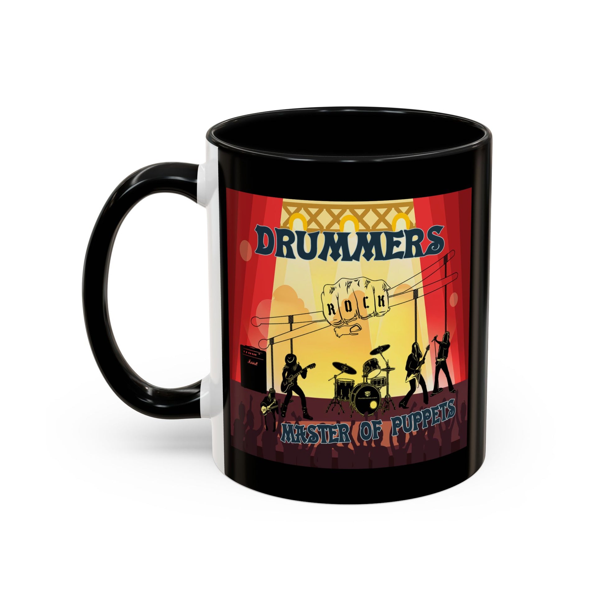 Black mug with a colorful graphic design featuring silhouettes of drummers and text on a white background.