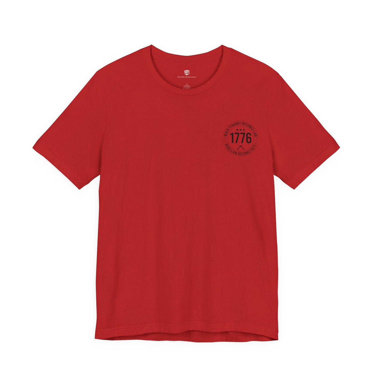 Red t-shirt with a black logo on a red background