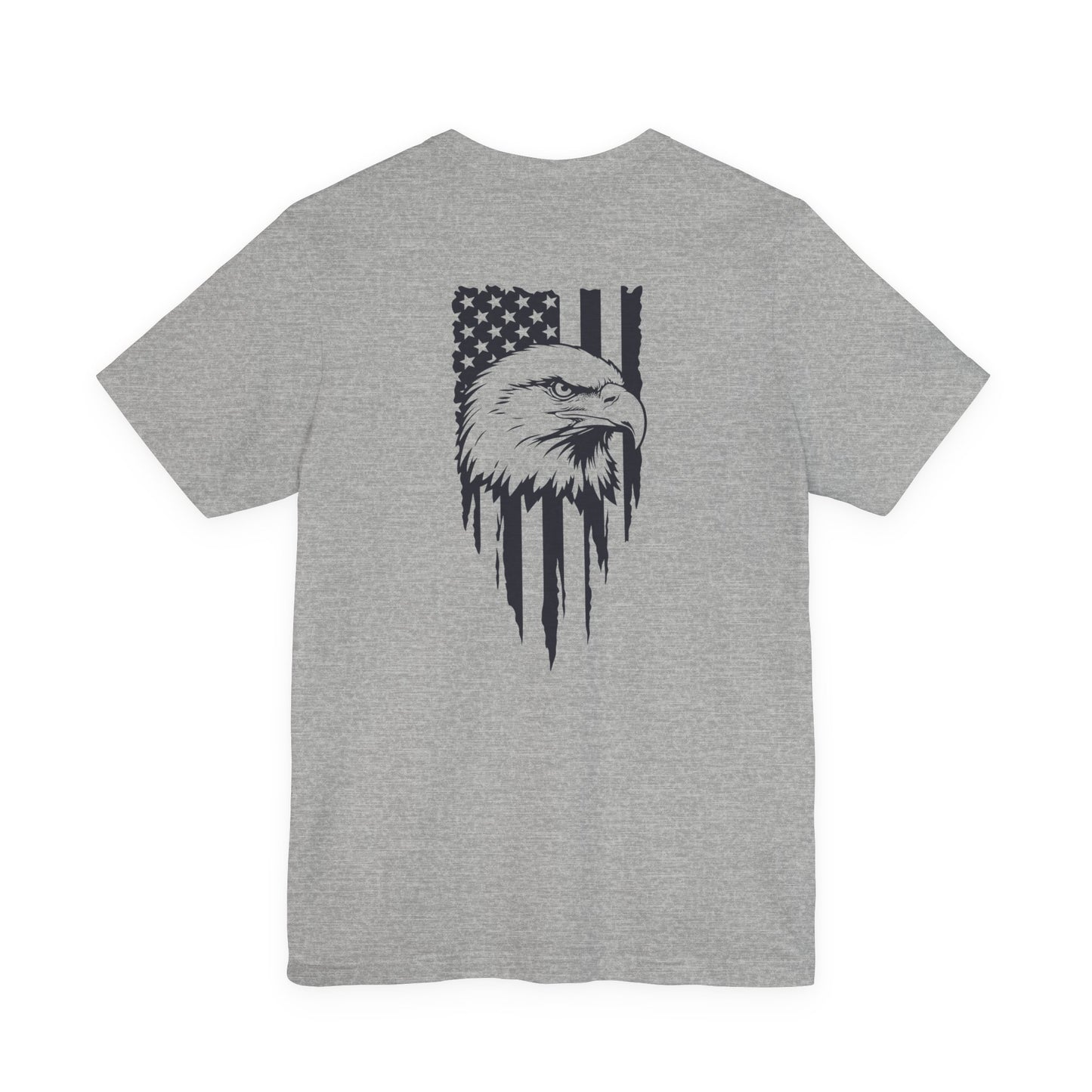 Gray t-shirt with an eagle and American flag design on a white background