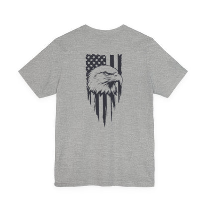 Gray t-shirt with an eagle and American flag design on a white background