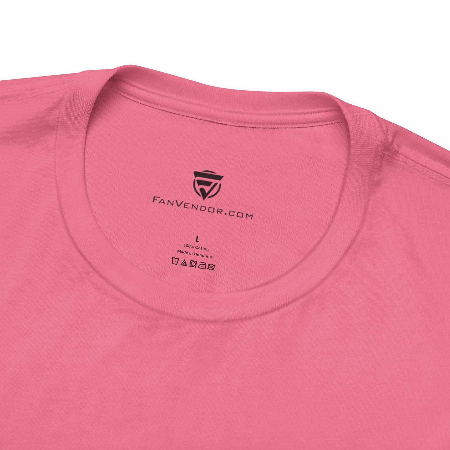 Close-up of a pink t-shirt with 'FanVendor.com' logo and text on the collar.
