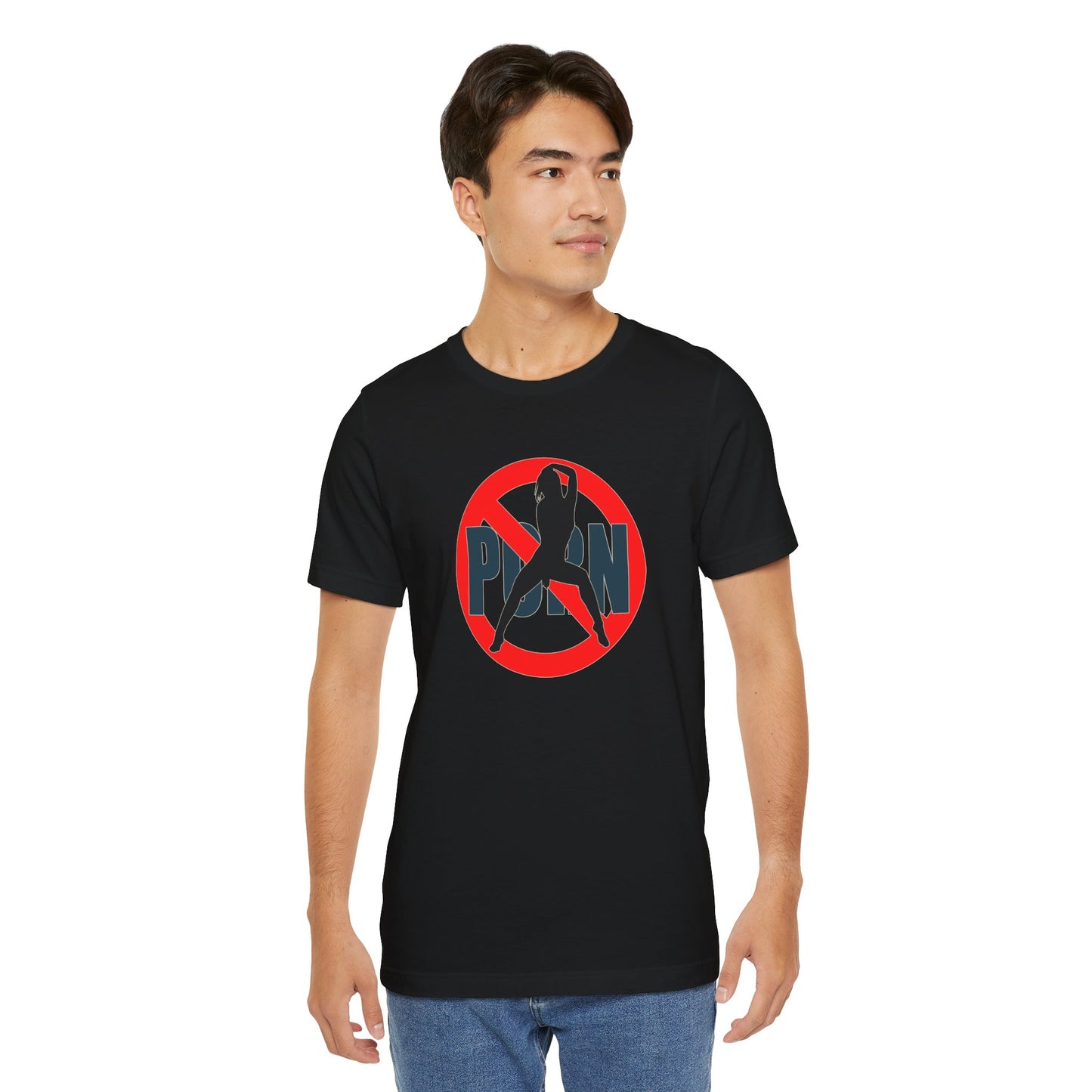 Man wearing a black t-shirt with red text on a white background