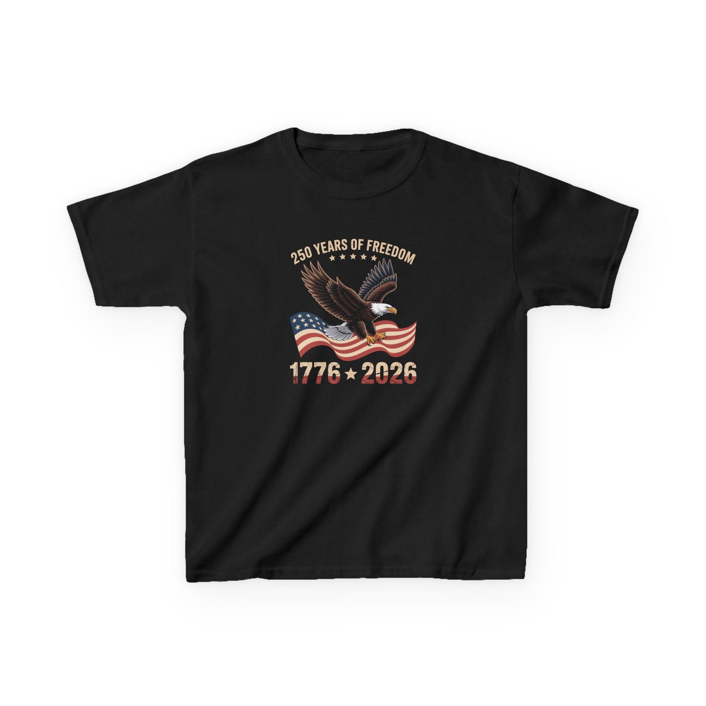 Black t-shirt with American flag and eagle design on a white background