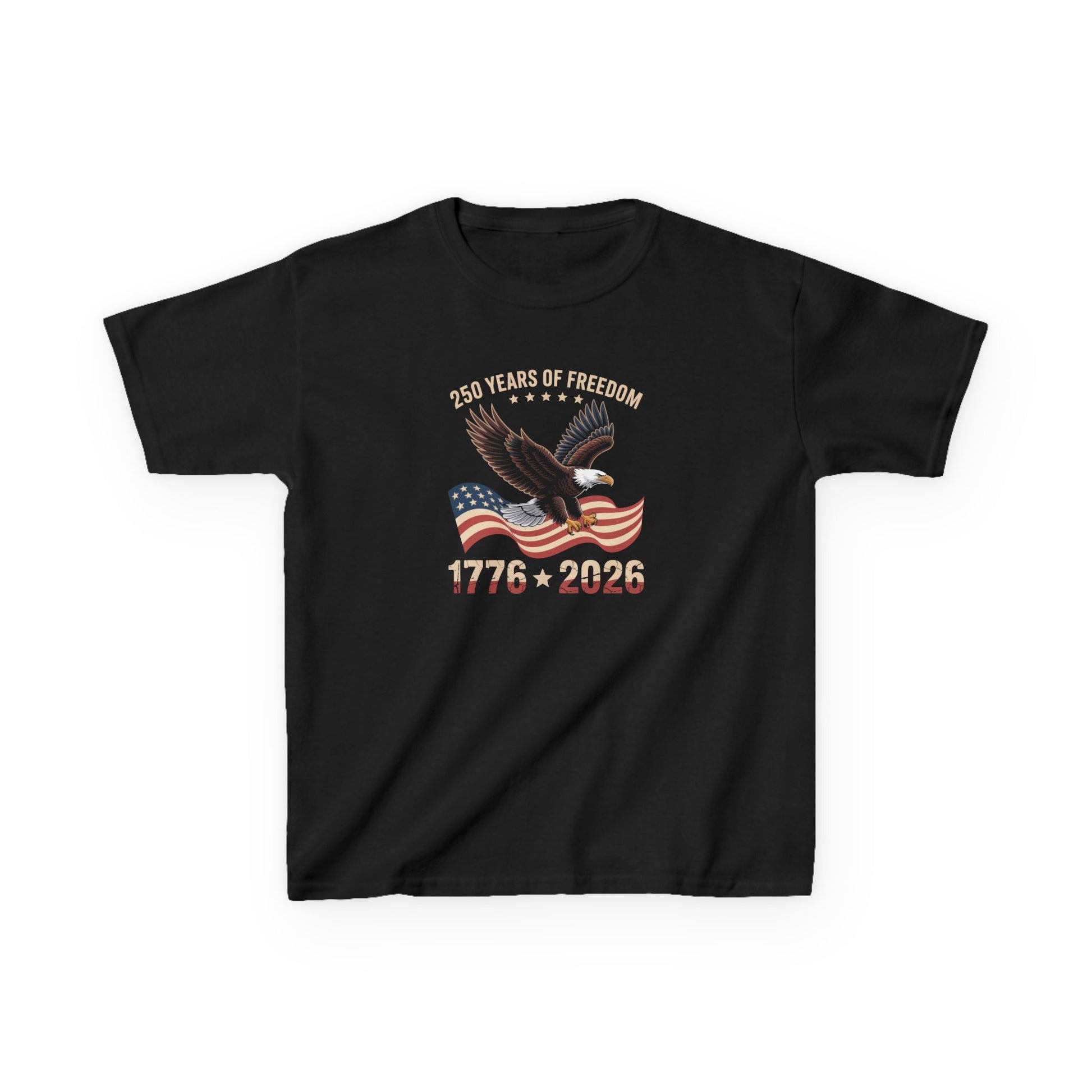 Black t-shirt with American flag and eagle design on a white background