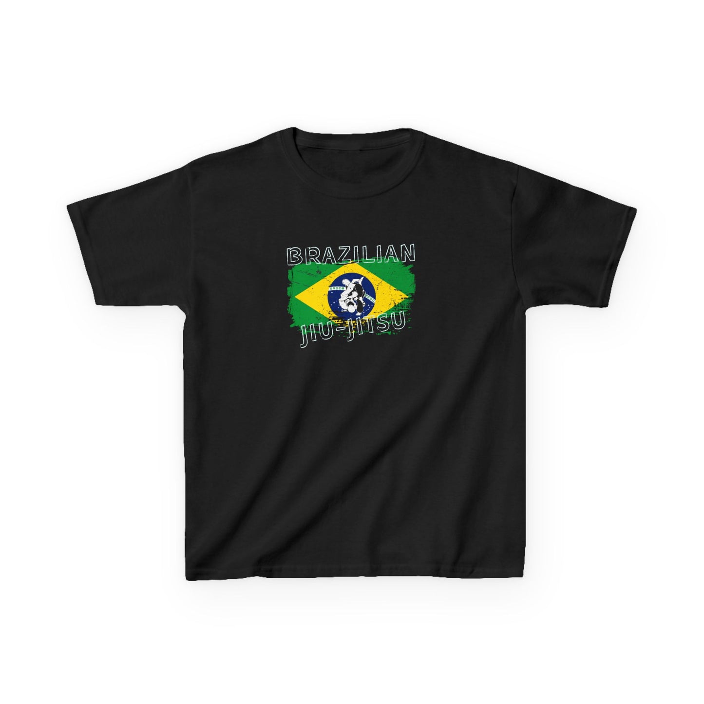 Black t-shirt with Brazilian Jiu-Jitsu design on a white background