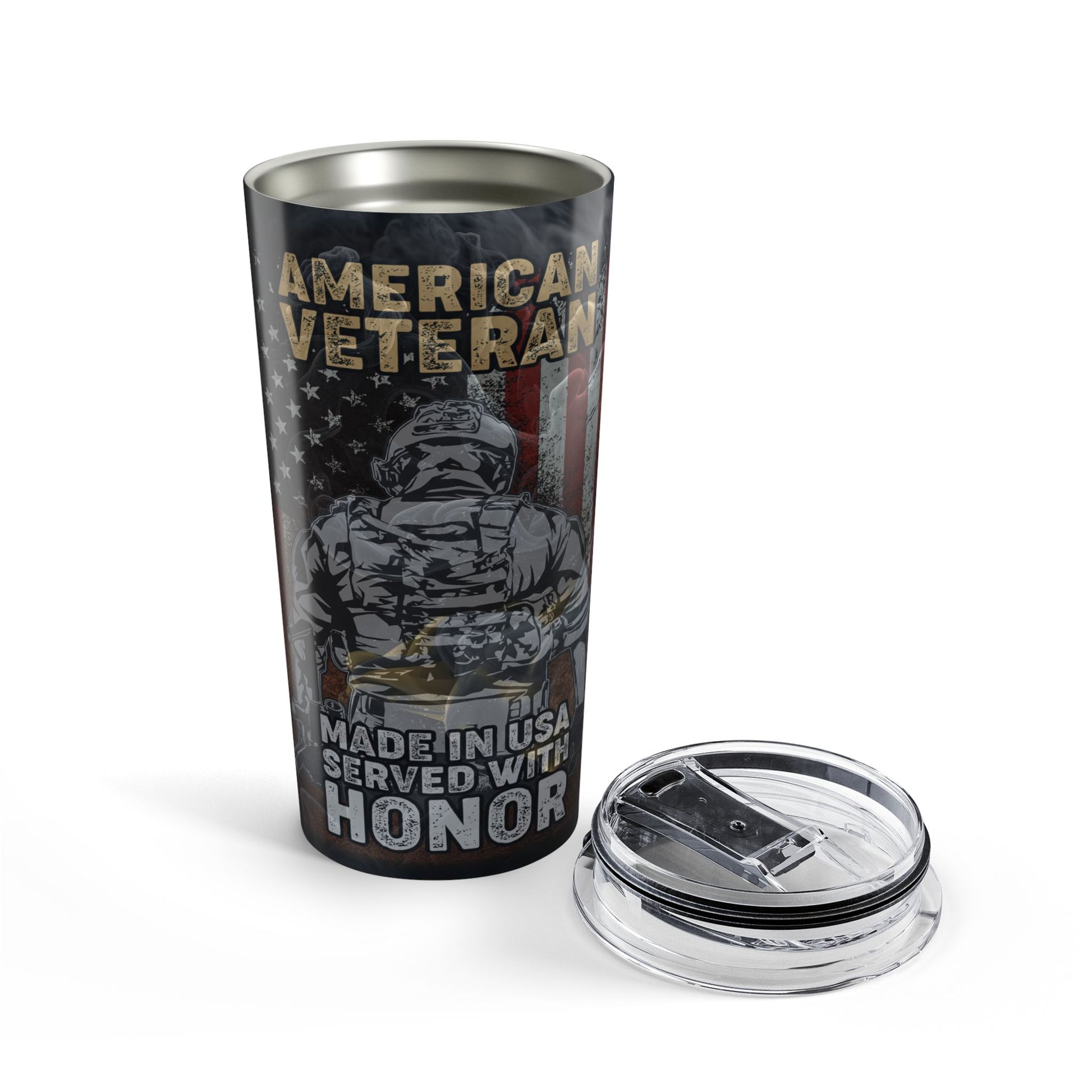 Tumbler with 'American Veteran' design featuring a soldier and American flag on a white background.