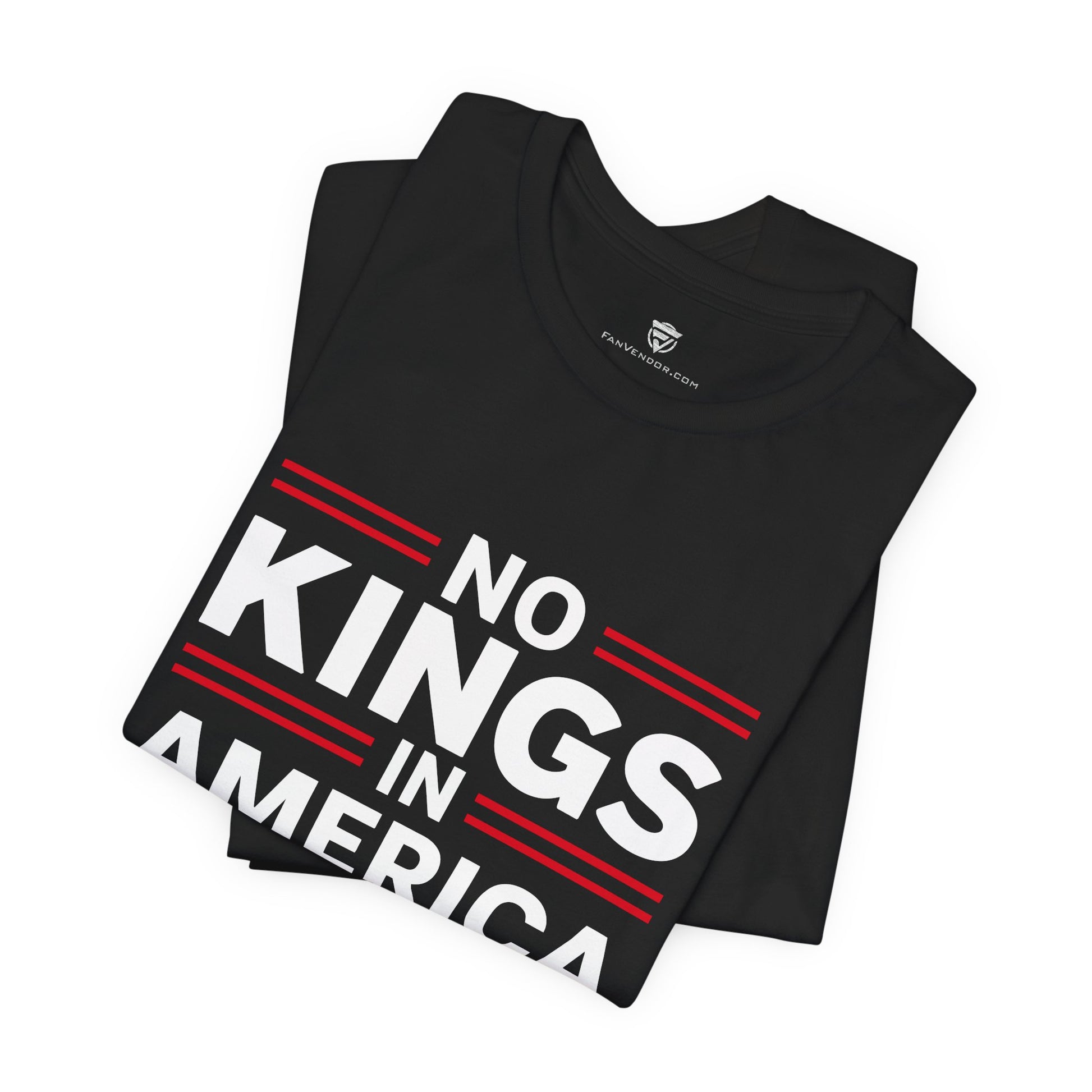 Black t-shirt with 'No Kings in America' text on a white background