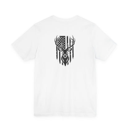 White t-shirt with black graphic design on a white background