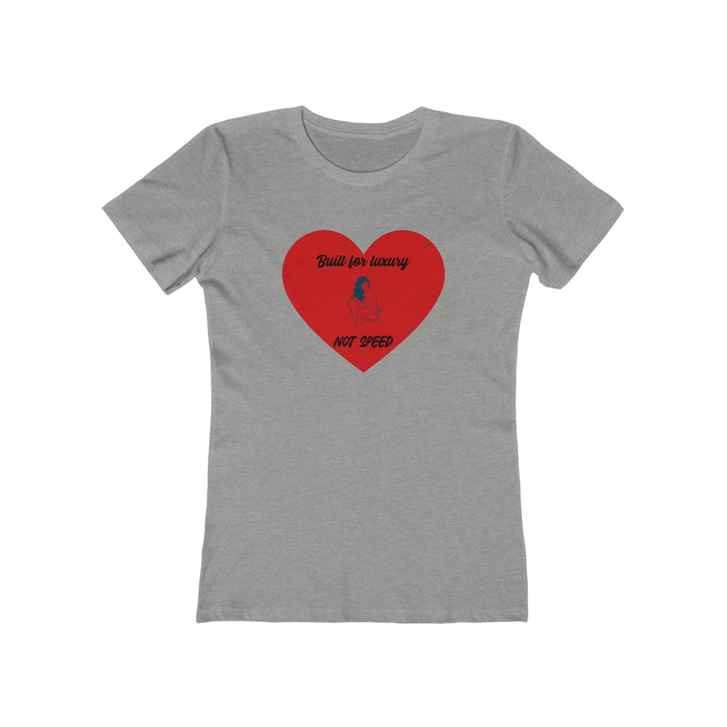 Gray t-shirt with a red heart graphic and text on a white background