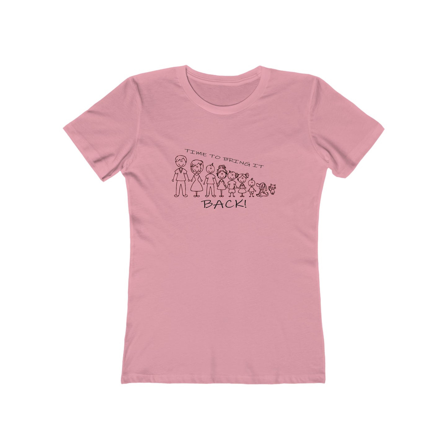 Pink t-shirt with graphic design and text on a white background